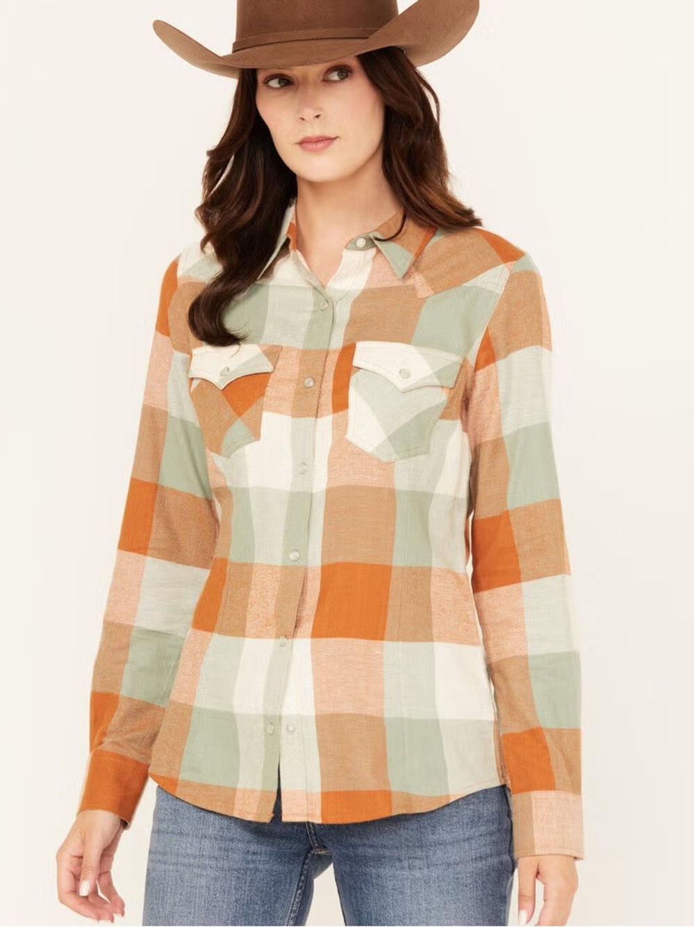 Wrangler Retro Plaid Print Long Sleeve Pearl Snap Flannel Long Sleeve Top Medium